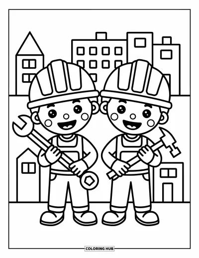 Coloriage de chantier pour enfants : Deux ouvriers souriants se tiennent avec des outils joyeux