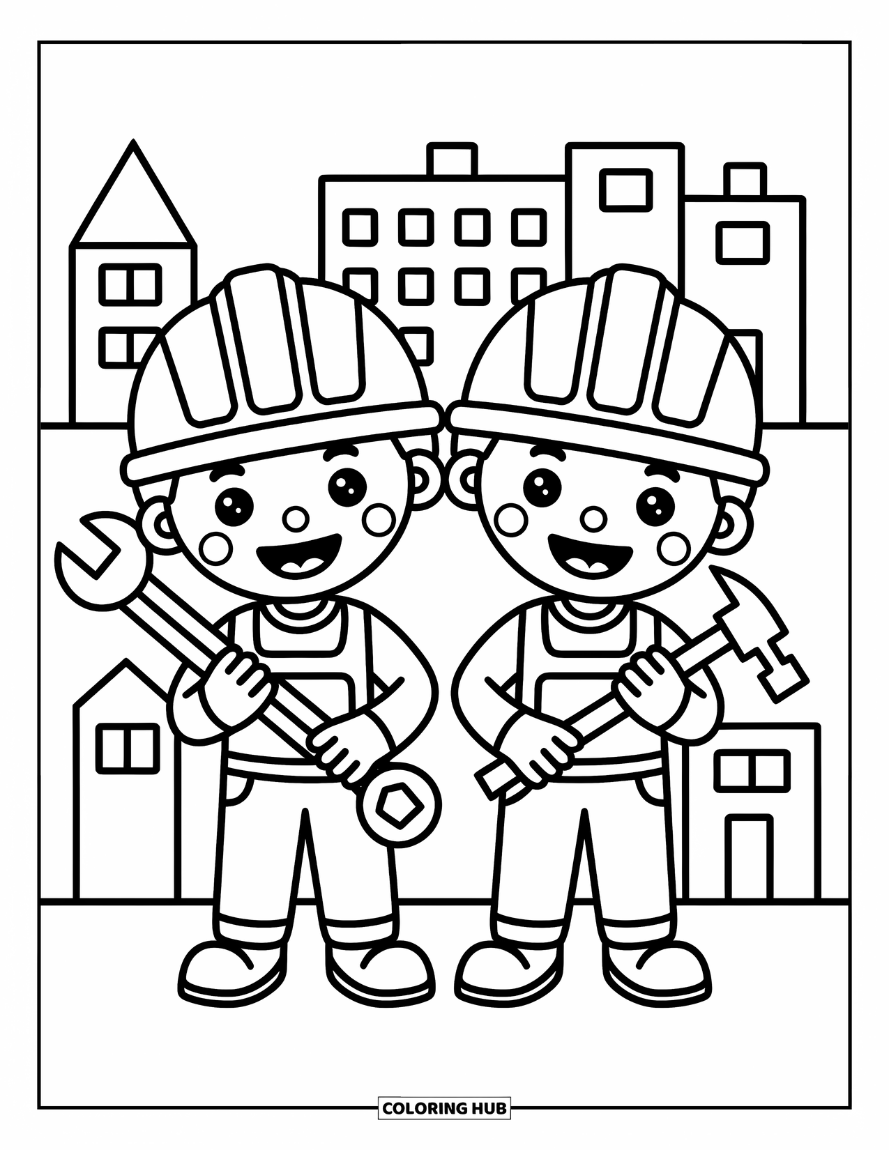 Bouw Kleurplaat voor Kinderen: Twee lachende werkers staan met vrolijk gereedschap