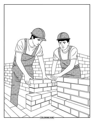 Coloriage de chantier pour enfants : Deux ouvriers posent soigneusement des briques et alignent les murs ensemble