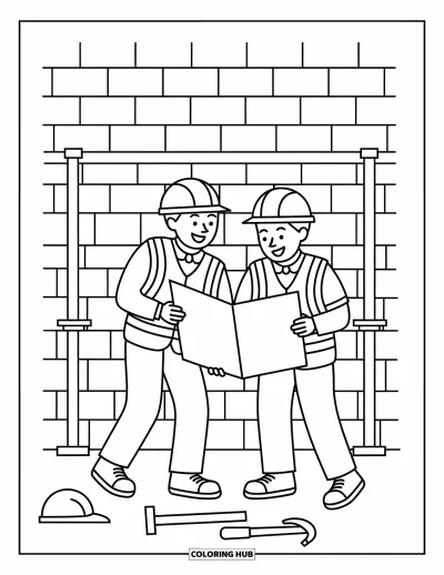 Coloriage de chantier pour enfants : Deux ouvriers en gilet étudient un plan avec des outils et des échafaudages autour d’eux