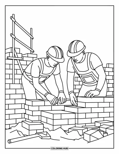Coloriage de construction pour enfants : Deux ouvriers posent des briques et alignent des murs avec des outils et des échafaudages