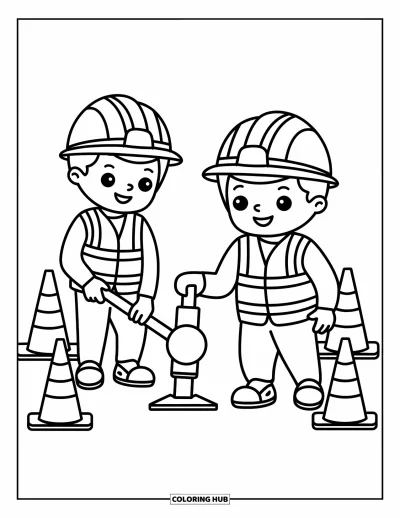 Coloriage de chantier pour enfants : Deux ouvriers utilisent un marteau-piqueur avec un équipement de sécurité et des expressions ludiques