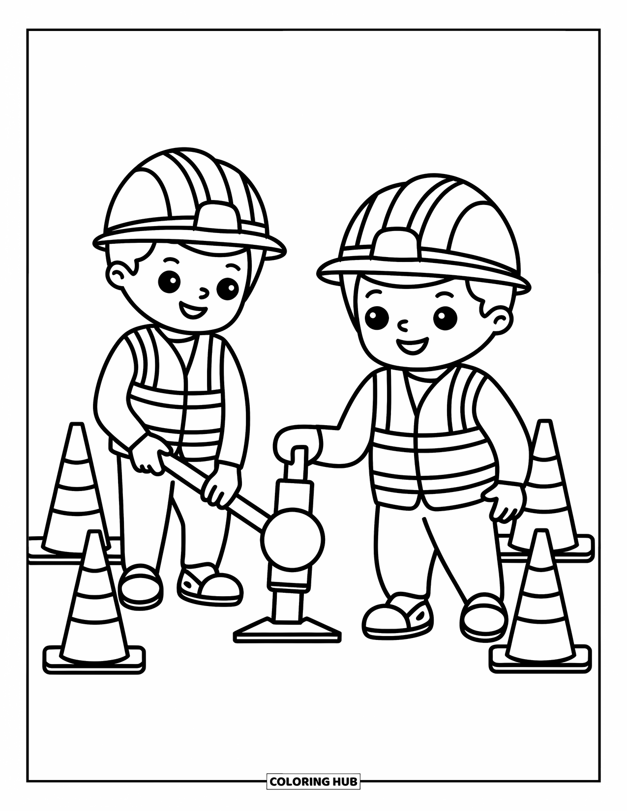 Bouw Kleurplaat voor Kinderen: Twee werkers bedienen een drilboor met veiligheidskleding en speelse uitdrukkingen