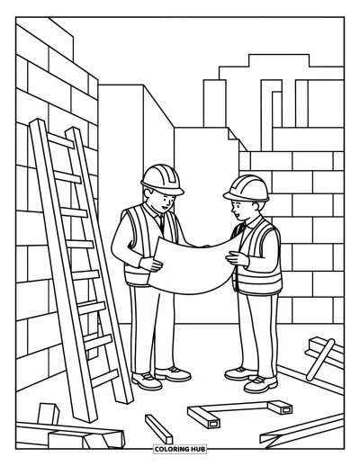 Coloriage de chantier pour enfants : Deux ouvriers pointent un plan avec une échelle et des outils éparpillés à proximité