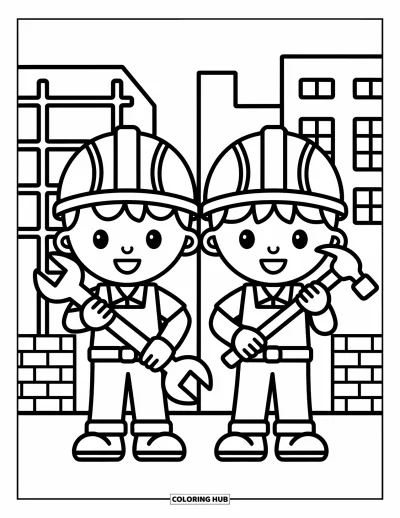 Coloriage de chantier pour enfants : Deux ouvriers posent avec de grands sourires amicaux