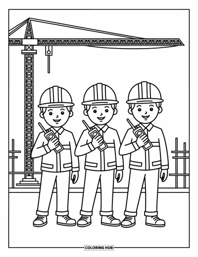 Coloriage de chantier pour enfants : Des ouvriers discutent avec des talkies-walkies alors que des grues et des échafaudages remplissent l’arrière-plan