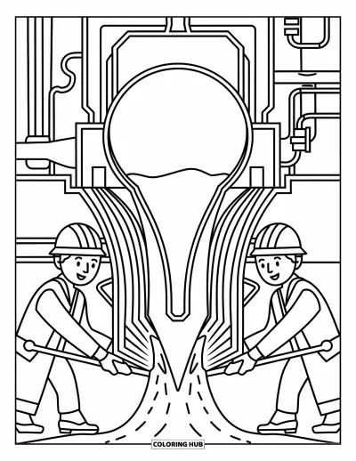 Coloriage de chantier pour enfants : Des ouvriers guident le ciment d’une goulotte avec des casques et des outils à la main