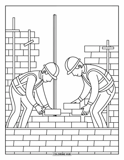 Coloriage de chantier pour enfants : Des ouvriers en équipement de sécurité construisent des murs et placent des briques avec soin