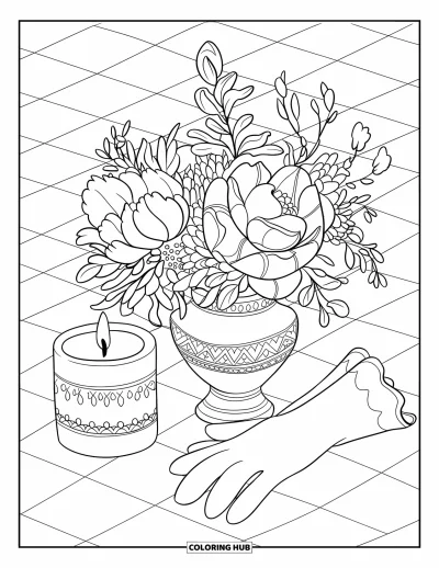 Dibujo para colorear Coquette para adultos: Una vela, guantes y un bonito jarrón se sientan en un suelo a cuadros