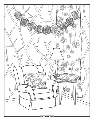 Dibujo para colorear Coquette para adultos: Una silla cómoda, guirnaldas y una cortina floral en un rincón de ensueño