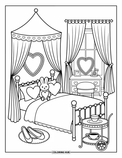 Dibujo para colorear Coquette para adultos: Una cama acogedora y un peluche de conejito se sientan debajo de un espejo de corazón con cortinas fluidas