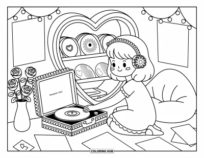 Dibujo para colorear Coquette para adultos: Un rincón de discos acogedor con encaje, rosas y vibraciones románticas rodea a una chica sonriente