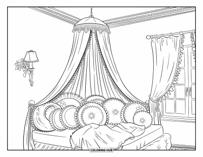 Dibujo para colorear Coquette para adultos: Una habitación acogedora con una cama con dosel de encaje y detalles encantadores por todas partes