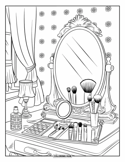 Dibujo para colorear Coquette para adultos: Una configuración de tocador acogedora con un espejo floral, una alfombra y una lámpara