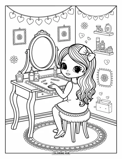 Dibujo para colorear Coquette para adultos: Una configuración de tocador acogedora con perfume, guirnaldas y pequeños tesoros en los estantes