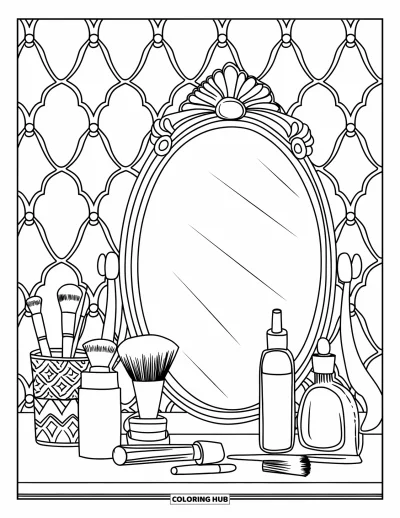 Dibujo para colorear Coquette para adultos: Un tocador lindo con botellas vintage, brochas de maquillaje y un espejo elegante