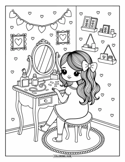 Dibujo para colorear Coquette para adultos: Un tocador delicado lleno de maquillaje y perlas con una chica con un bonito lazo