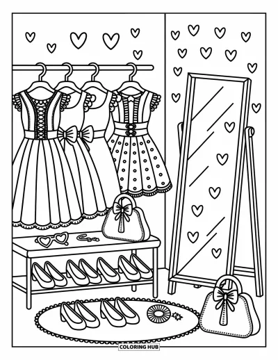 Dibujo para colorear Coquette para adultos: Un armario de ensueño con vestidos con volantes, bolsos de cinta y calcomanías de pared de corazón