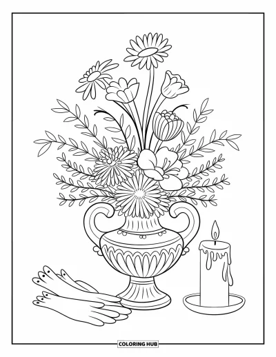 Dibujo para colorear Coquette para adultos: Un florero, una vela y guantes dispuestos en una escena tranquila y elegante