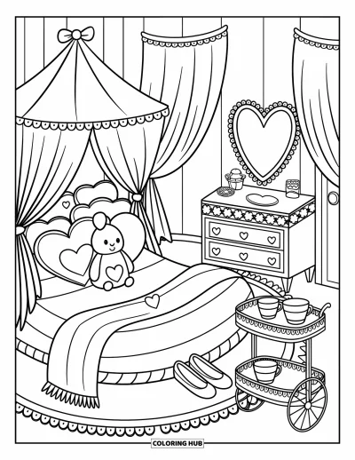Dibujo para colorear Coquette para adultos: Una cama mullida con almohadas de corazón, un conejito y un carrito de té cerca