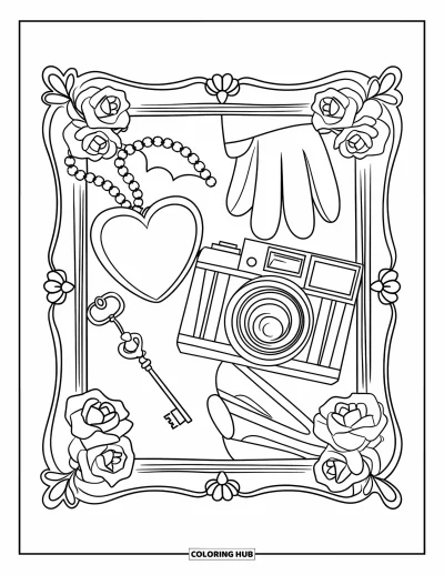 Dibujo para colorear Coquette para adultos: Un marco lleno de golosinas vintage como un relicario, guantes y una llave