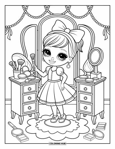 Dibujo para colorear Coquette para adultos: Una chica añade un lazo en su tocador lleno de perfume y cosas bonitas