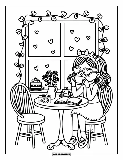 Dibujo para colorear Coquette para adultos: Una chica disfruta de té y pastel en una mesa encantadora con enredaderas trepadoras