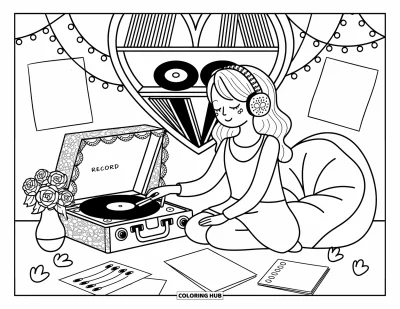 Dibujo para colorear Coquette para adultos: Una chica elige un disco en un rincón de ensueño con luces de hadas y rosas