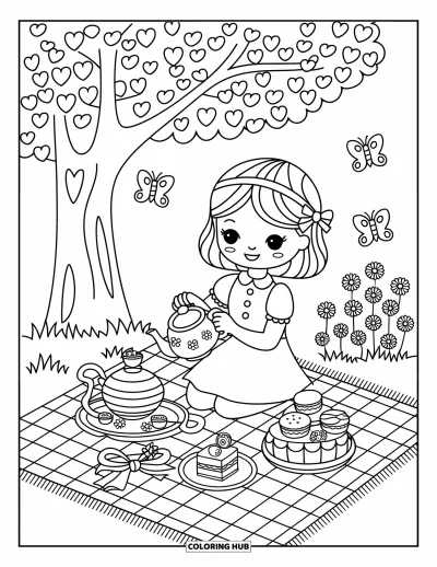 Dibujo para colorear Coquette para adultos: Una chica sirve té debajo de un árbol de hojas de corazón con una bandeja de dulces