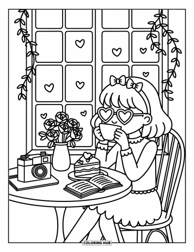 Dibujo para colorear Coquette para adultos: Una chica bebe té en una mesa de café con pastel, libros y decoración de rosas