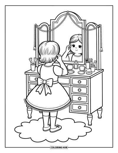 Dibujo para colorear Coquette para adultos: Una chica está de pie junto a su tocador, atando un lazo con encanto a su alrededor