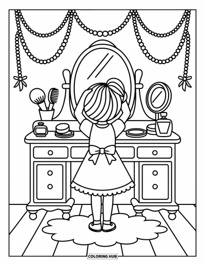 Dibujo para colorear Coquette para adultos: Una chica se ata el pelo en un tocador vintage lleno de pequeños artículos lindos