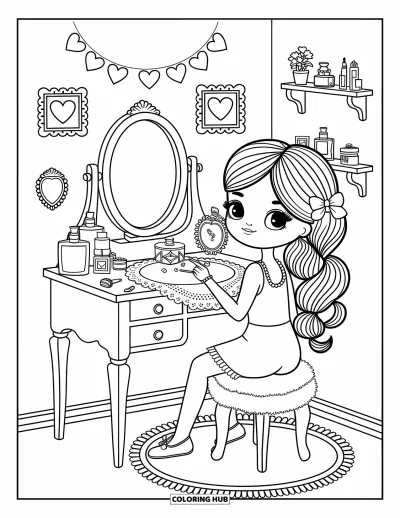 Dibujo para colorear Coquette para adultos: Una chica con un lazo se sienta en su tocador con perfumes, perlas y baratijas