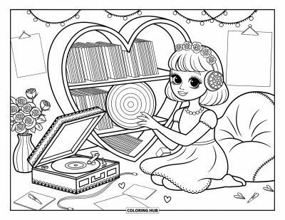 Dibujo para colorear Coquette para adultos: Una chica con una sonrisa suave elige música en un rincón cálido y mágico