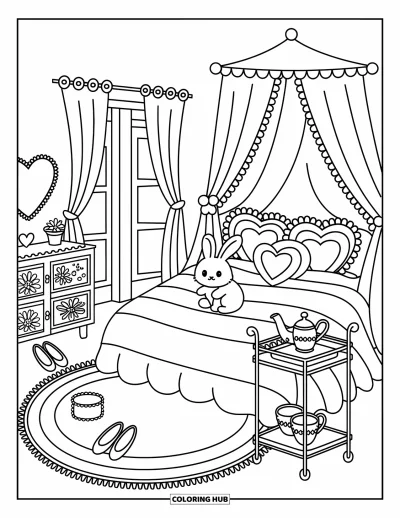 Dibujo para colorear Coquette para adultos: Un dormitorio lleno de corazones con mantas suaves, bailarinas y pequeñas cosas dulces
