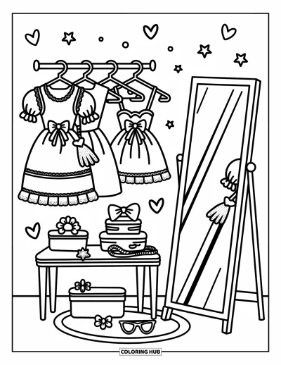 Dibujo para colorear Coquette para adultos: Un vestidor lleno de corazones con ropa con volantes y accesorios dulces