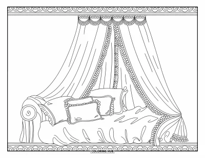 Dibujo para colorear Coquette para adultos: Una cama de felpa con toques de encaje y un borde con un bonito diseño