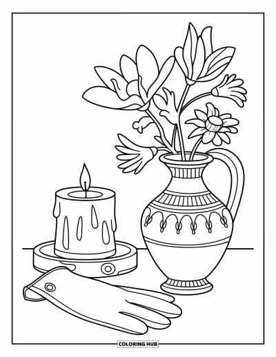 Dibujo para colorear Coquette para adultos: Un jarrón de porcelana, guantes suaves y una vela colocados en una configuración delicada
