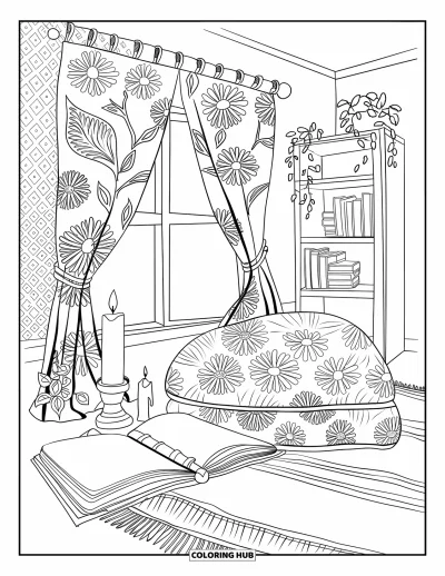 Dibujo para colorear Coquette para adultos: Un rincón de lectura tranquilo con una decoración suave y contornos audaces