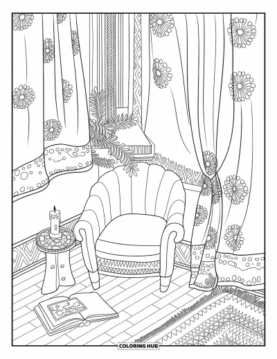 Dibujo para colorear Coquette para adultos: Un rincón de lectura con velas, plantas y cortinas florales junto a una silla