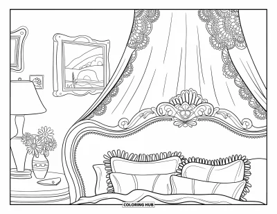Dibujo para colorear Coquette para adultos: Una cama suave con un jarrón, una lámpara y decoración de pared floral