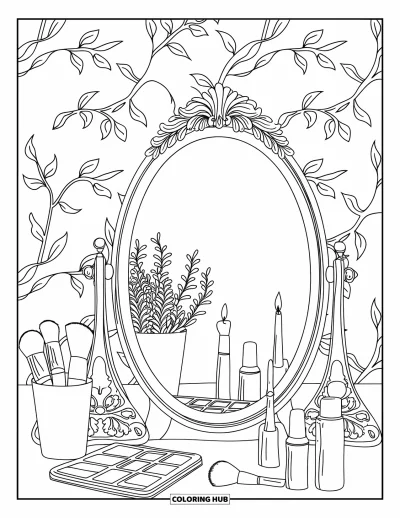 Dibujo para colorear Coquette para adultos: Un tocador con una vela, una planta en maceta y un fondo frondoso
