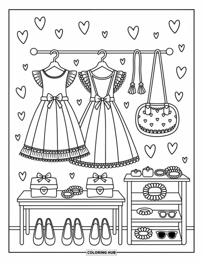 Dibujo para colorear Coquette para adultos: Vestidos, lazos y detalles bonitos llenan el armario mágico de una coqueta