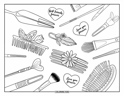 Dibujo para colorear Coquette para adultos: Clips florales, pinceles y broches de corazón con pequeños mensajes dulces