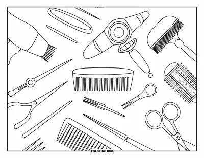 Dibujo para colorear Coquette para adultos: Herramientas y accesorios para el cabello ordenados cuidadosamente con un ambiente lúdico y simple