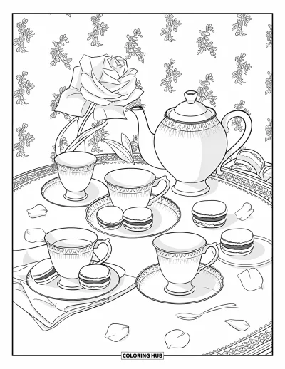 Dibujo para colorear Coquette para adultos: Macarons y té sobre un mantel de encaje con papel tapiz floral detrás