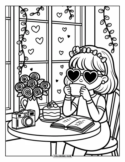 Dibujo para colorear Coquette para adultos: Bebiendo té con pastel y rosas, ella se relaja en un dulce lugar junto a la ventana