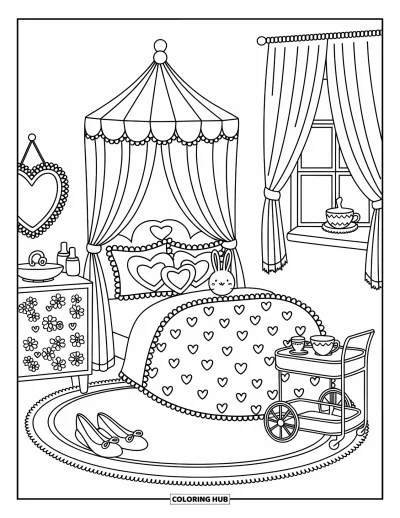 Dibujo para colorear Coquette para adultos: Mantas suaves y té dulce hacen de este dormitorio con temática de corazón pura comodidad