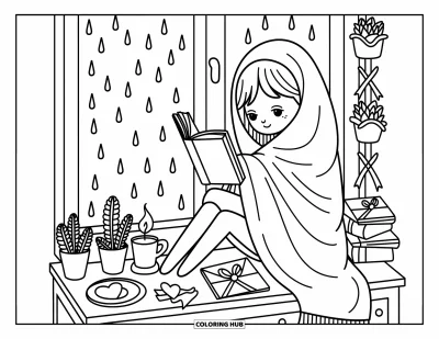 Dibujo para colorear Coquette para adultos: Té, galletas y plantas en macetas rodean a una chica leyendo en su rincón acogedor