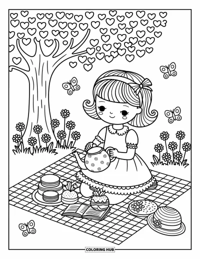 Dibujo para colorear Coquette para adultos: Té, macarons y mariposas hacen que este picnic acogedor sea totalmente mágico